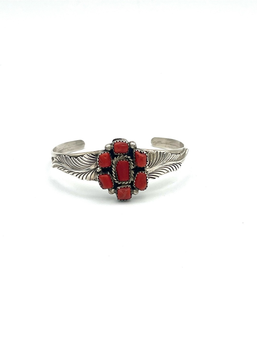 Navajo Sterling Silver Cuff Bracelet with Red Coral Cluster Signed Lee Bennett